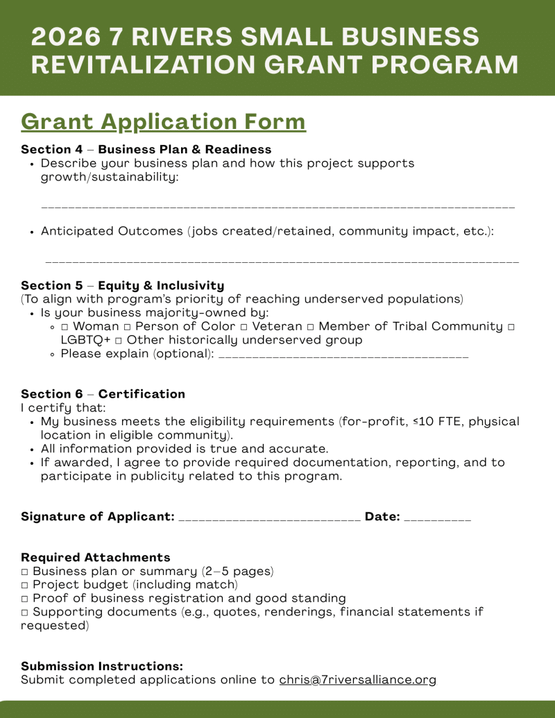 2026 7 Rivers Small Business Revitalization Grant Program